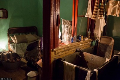 Figure 2:  The interior of one of the tenement apartments in the Lower East Side Tenement Museum, highlighting the cramped conditions of immigrants living there.  Following a tour of the building, encompassing a range of different apartment types, visitors take part in an open discussion around both past and contemporary issues to do with immigration.<br />
(Image: Seelie, T. 2014).